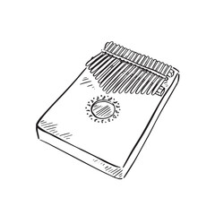 A line drawn illustration of a kalimba in black and white. Vectorised digitally for a variety of uses. Drawn by hand in a sketchy style.