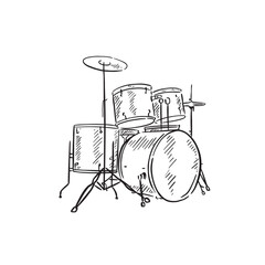 A line drawn illustration of a drum kit in black and white. Vectorised digitally for a variety of uses. Drawn by hand in a sketchy style.