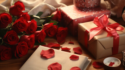 Happy Valentines Day, Love and couple, roses and gift, romantic