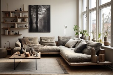Living room designed with the principles of Scandinavian minimalism, characterized by functional simplicity