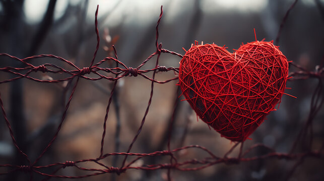 Red heart symbol wrapped in barbed wire fence. Valentines day and love concept, Background, Template
