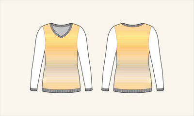 Two Color Stripe V-Neck Women Sweater Sketch for Tach Pack
