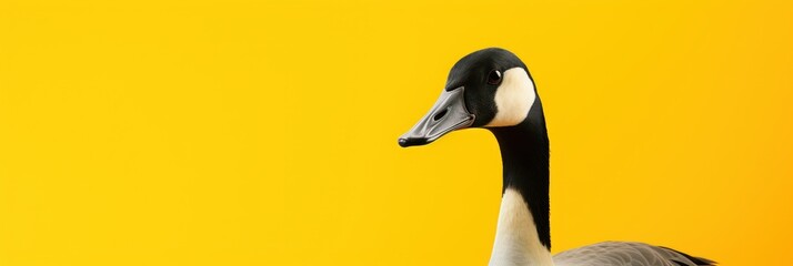 Close up goose portrait on bright yellow background, wide panoramic banner with copy space.