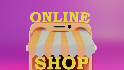 Cute 3d illustration of mobile phone with orange awning against gradient pink background. Minimal concept. 3d illustration highly usable. E commerce design. Online shop template.