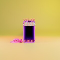 Cute 3d illustration of mobile phone with pink awning and hat against gradient yellow background. Minimal concept. 3d illustration highly usable. E commerce design. Online shop template.