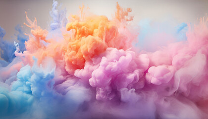 Fototapeta premium Generate fluffy, cloud like formations of colorful powder in the frame, giving the appearance of soft and billowy clouds against a pristine white background.