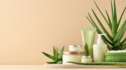 Organic aloe beauty treatment display, various containers with aloe vera