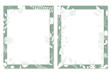 Delicate spring backgrounds with flowers in green and white with empty space in the center. Minimalistic design of postcard, invitation, label. Design of stories in social networks. 