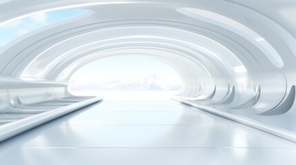 White futuristic tunnel leading to light. Wide angle. White futuristic background