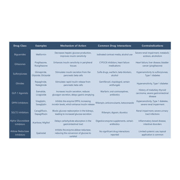 Table comparing oral diabetes 2 medications - Drug Class, Examples, Mechanism of Action, Common Drug Interactions, Contraindications