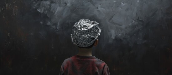 Tin foil-hatted boy from behind - obrazy, fototapety, plakaty