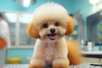 A cute dog after bathing and grooming in the salon. The concept of pet care. grooming salon