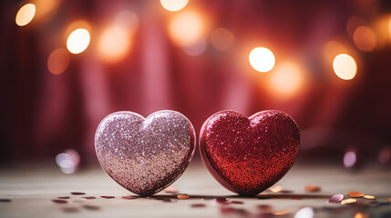 Obraz premium Two shiny hearths, Happy Valentines Day, Romantic background, commercial, anniversary, engagement, couple, happiness