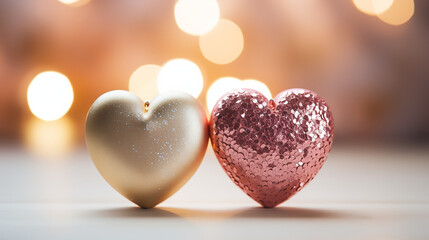 Fototapeta premium Two shiny hearths, Happy Valentines Day, Romantic background, commercial, anniversary, engagement, couple, happiness