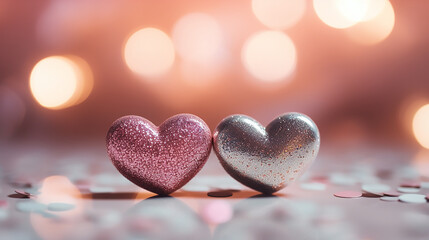 Fototapeta premium Two shiny hearths, Happy Valentines Day, Romantic background, commercial, anniversary, engagement, couple, happiness