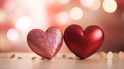 Fototapeta premium Two shiny hearths, Happy Valentines Day, Romantic background, commercial, anniversary, engagement, couple, happiness