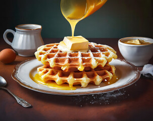 A delicious plate of Belgian waffles covered in butter and buttermilk syrup sitting on a table. Ready for a yummy breakfast
