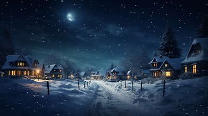 Fototapeta premium Winter night townscape with houses and snow