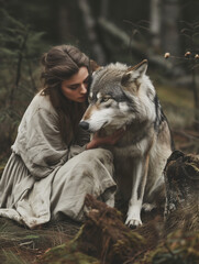 A Photo of a Woman Playing with a Wolf in Nature