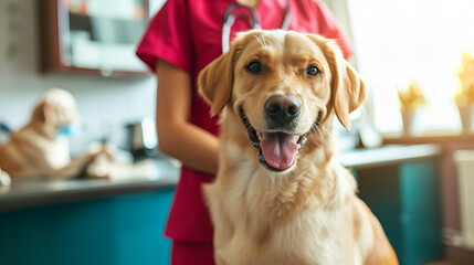 portrait of a happy labrador dog examined at vet's surgery