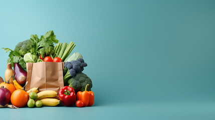 Groceries, vegetables and fruits in paper shopping bag, Food background, Eco lifestyle, 