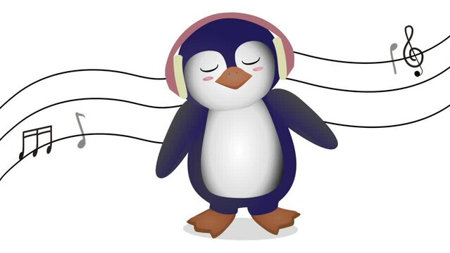 Cute Penguin Listening Music With Headphone Cartoon video Illustration. Animal Music Concept

