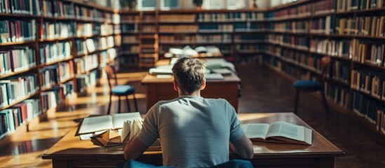Energetic author working at library.