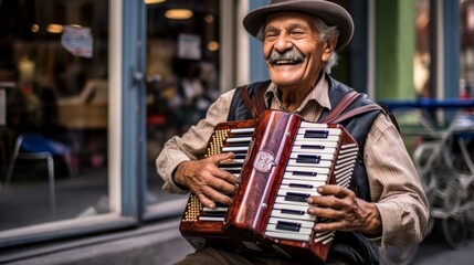Smiling elderly man in a hat plays the accordion on a city street. - obrazy, fototapety, plakaty