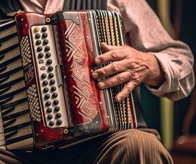 An elderly man in an elegant suit plays a red accordion, the hands of a baya player play the acardion. - obrazy, fototapety, plakaty