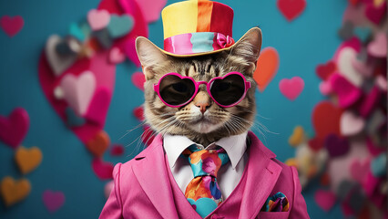 cat wearing stylish suit hat and sunglasses, Cat, Suit, Hat, Sunglasses, Stylish, Fashionable, Dapper, Trendy, Chic, Feline, Pet, Whiskers, Adorable, Cute, Glamorous, Elegant, Playful, Cool, Hip, 