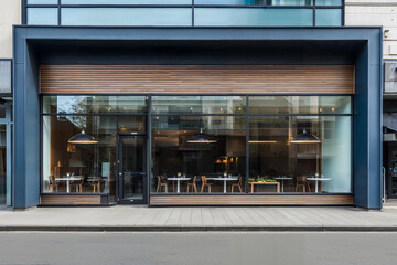 Fototapeta na wymiar Modern coffee shop cafe boasting a sophisticated glass facade framed by wooden accents, providing an inviting view into the bustling urban eatery within a commercial property.