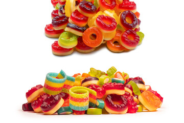Assorted colorful gummy candies. Top view. Jelly donuts. Jelly bears. Isolated on a white background.