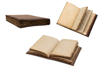An open empty old notebook isolated on a white background.