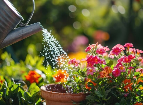 Watering Garden Flowers - Tranquil Scene of Plant Care on a Sunny Day