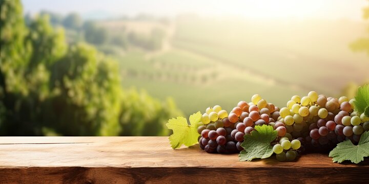 Tabletop with vineyard and grape background, showcasing wine products in a rustic winery banner.