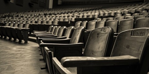 Fototapeta premium Empty Vintage Wooden Auditorium Seats in Dim Lighting