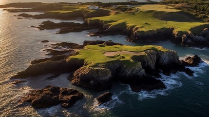 Obraz premium The setting sun illuminates the rocky coast and green lawns by the sea.