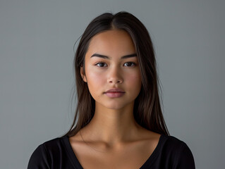 portrait of a sensual, Asian brunette model isolated on grey background