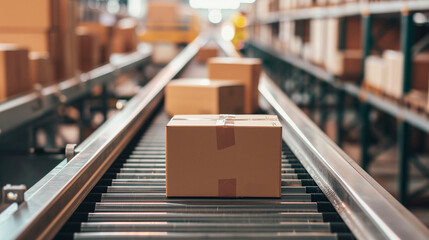 Cardboard boxes on conveyor belt in distribution warehouse