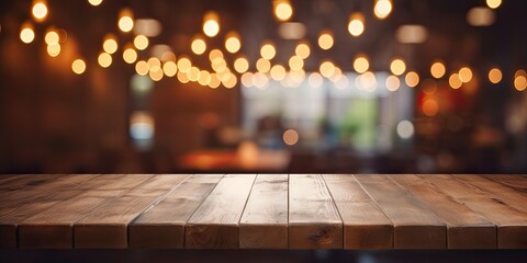 Blurred background of restaurant lights behind wooden table. - obrazy, fototapety, plakaty