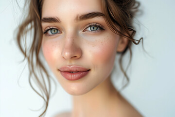 Naklejka premium Portrait beautiful young woman with clean fresh skin. Model with healthy skin, close up portrait. Cosmetology, beauty and spa. Portrait of beauty caucasian woman with perfect healthy glow skin facial,