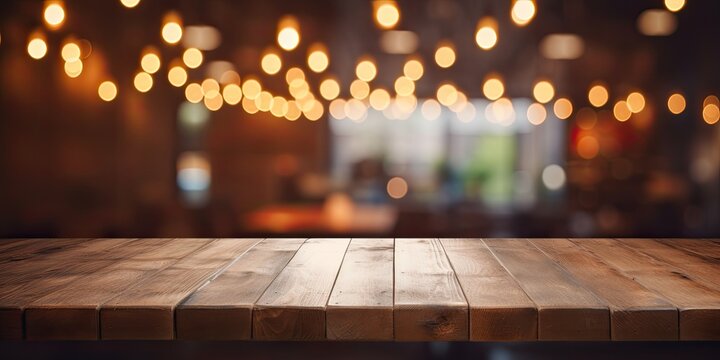 Blurred background of restaurant lights behind wooden table.