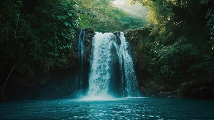 Mystic Waterfall Oasis: Lush Greenery Surrounding a Serene Tropical Waterfall