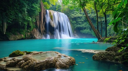 Mystic Waterfall Oasis: Lush Greenery Surrounding a Serene Tropical Waterfall