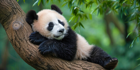 Gentle Slumber: Panda Napping on a Tree Branch