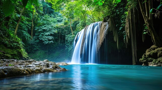 Mystic Waterfall Oasis: Lush Greenery Surrounding a Serene Tropical Waterfall © romanets_v