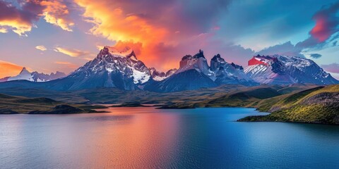 Majestic Peaks at Twilight: Torres del Paine Overlooking Turquoise Lake