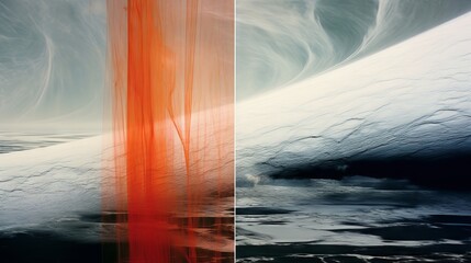An abstract image with a bright red vertical line separating two dynamic textures reminiscent of the sea and clouds