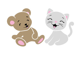 Laughing baby bear and cute kitten