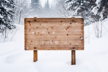 Wooden sign board snow covered with copy space for text